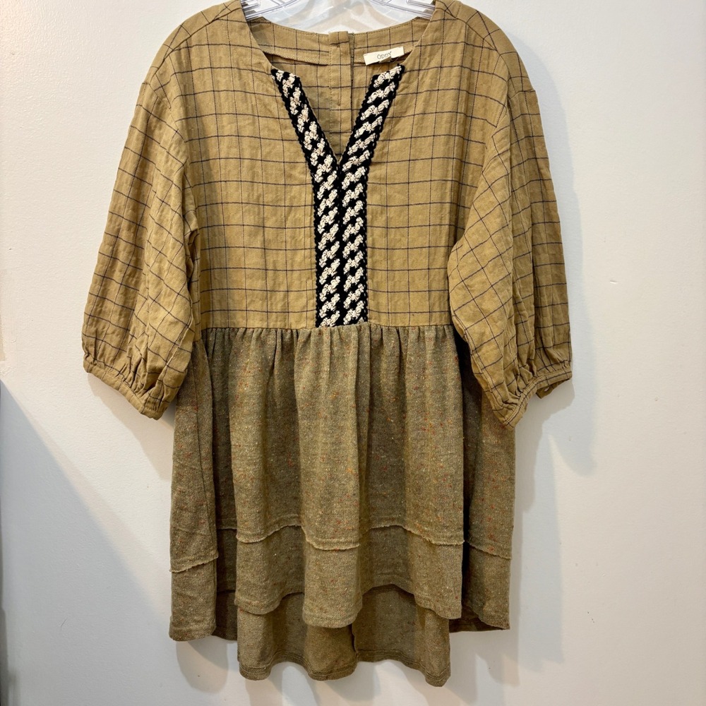 Oddy Cotton‎ Blouse Dress Block Tan Multicolor Boho Crochet Detail Buttons Puff